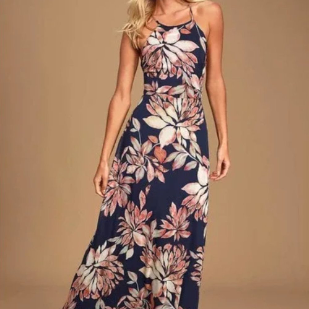 NWOT Lulus Adventure Seeker Navy Blue Floral Print Maxi Dress